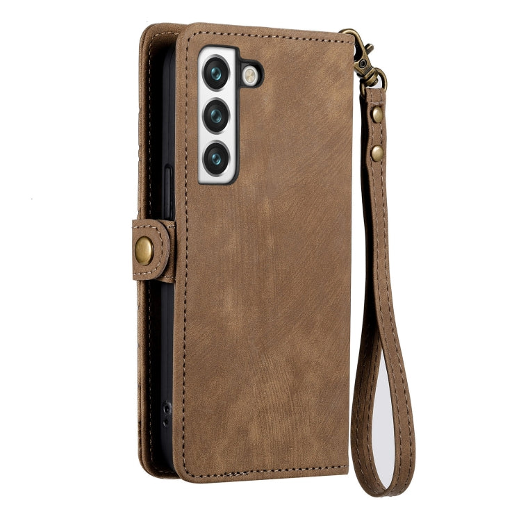 For Samsung Galaxy S21 FE 5G Geometric Zipper Wallet Side Buckle Leather Phone Case(Brown) - free shipping - PMC TechLife - Order now!