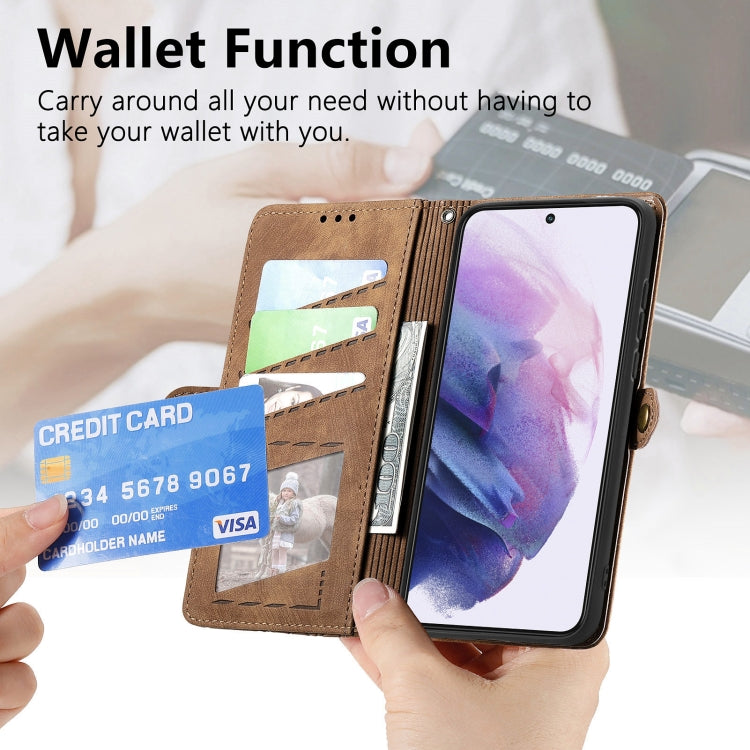 For Samsung Galaxy S21 FE 5G Geometric Zipper Wallet Side Buckle Leather Phone Case(Brown) - free shipping - PMC TechLife - Order now!