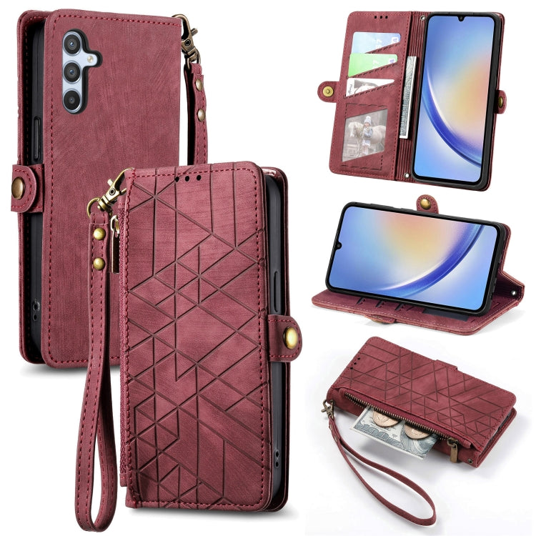 For Samsung Galaxy A30 Geometric Zipper Wallet Side Buckle Leather Phone Case(Red) - free shipping - PMC TechLife - Order now!