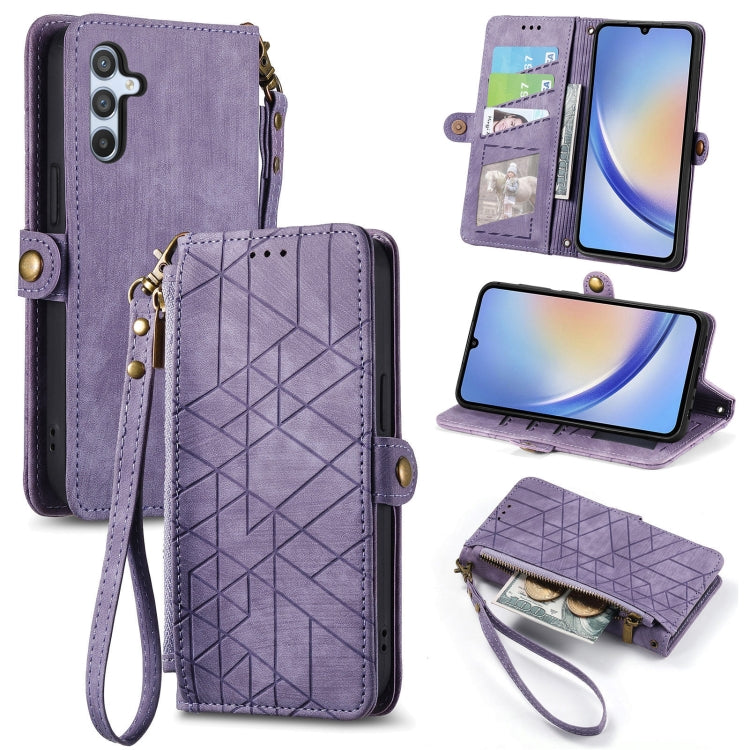 For Samsung Galaxy A12 Geometric Zipper Wallet Side Buckle Leather Phone Case(Purple) - free shipping - PMC TechLife - Order now!