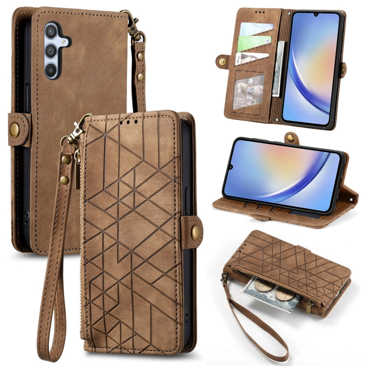For Samsung Galaxy A31 Geometric Zipper Wallet Side Buckle Leather Phone Case(Brown) - free shipping - PMC TechLife - Order now!