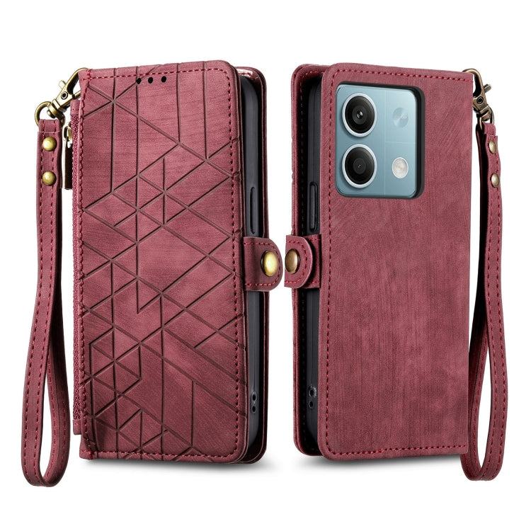For Redmi Note 13 4G Geometric Zipper Wallet Side Buckle Leather Phone Case(Red) - Note 13 Cases by PMC TechLife | Online Shopping South Africa | PMC TechLife | Buy Now Pay Later Mobicred