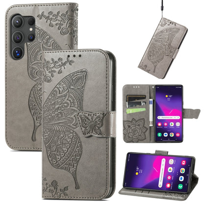 For Samsung Galaxy S24 Ultra 5G Butterfly Love Flower Embossed Leather Phone Case(Gray) - Galaxy S24 Ultra 5G Cases by PMC Jewellery | Online Shopping South Africa | PMC Jewellery