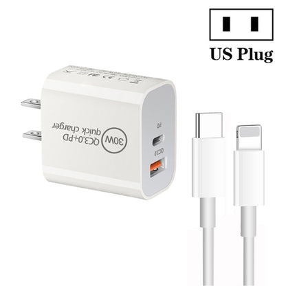 PD30W USB-C / Type-C + QC3.0 USB Dual Port Charger with 1m Type-C to 8 Pin Data Cable, US Plug - USB Charger by PMC Jewellery | Online Shopping South Africa | PMC Jewellery | Buy Now Pay Later Mobicred