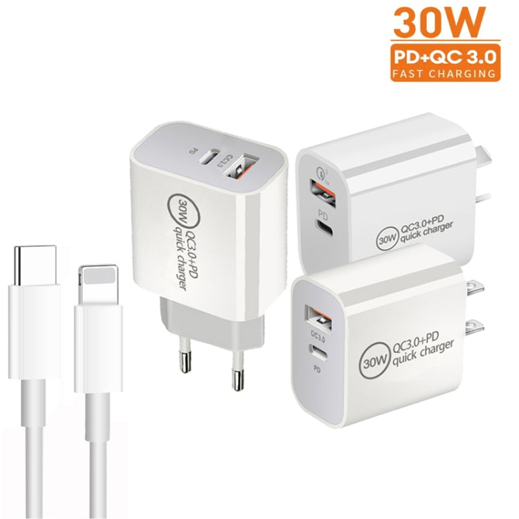 PD30W USB-C / Type-C + QC3.0 USB Dual Port Charger with 1m Type-C to 8 Pin Data Cable, EU Plug - USB Charger by PMC Jewellery | Online Shopping South Africa | PMC Jewellery | Buy Now Pay Later Mobicred