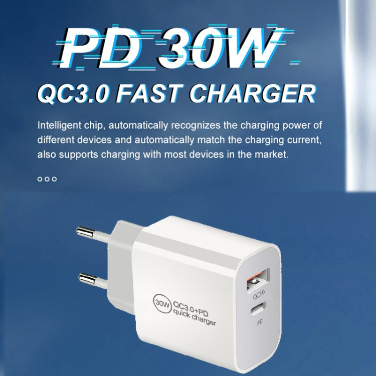 PD30W USB-C / Type-C + QC3.0 USB Dual Port Charger with 1m Type-C to 8 Pin Data Cable, US Plug - USB Charger by PMC Jewellery | Online Shopping South Africa | PMC Jewellery | Buy Now Pay Later Mobicred