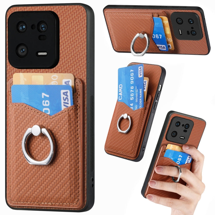 For Xiaomi 13 Pro Carbon Fiber Card Wallet Ring Holder Phone Case(Brown) - 13 Pro Cases by PMC TechLife | Online Shopping South Africa | PMC TechLife | Buy Now Pay Later Mobicred