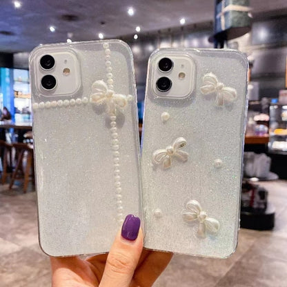 For iPhone 16 Plus Pearl Bow Glitter Epoxy TPU Phone Case(Cross Knots) - iPhone 16 Plus Cases by PMC Jewellery | Online Shopping South Africa | PMC Jewellery | Buy Now Pay Later Mobicred