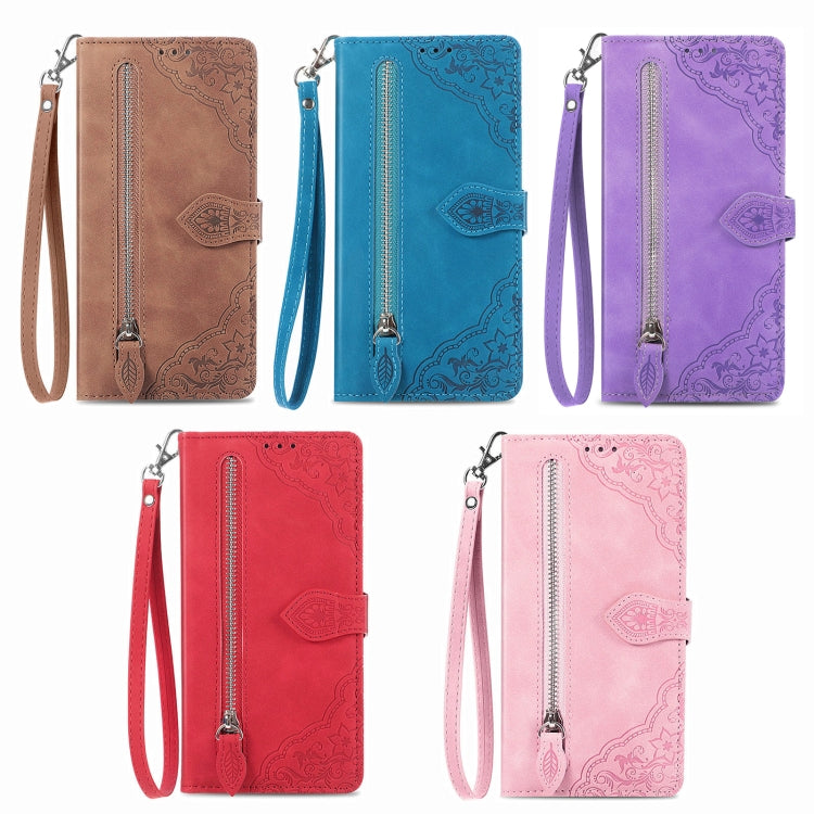For DOOGEE X98 Pro / X98 Embossed Flower Zipper Leather Phone Case(Blue) - Doogee Cases by PMC TechLife | Online Shopping South Africa | PMC TechLife | Buy Now Pay Later Mobicred