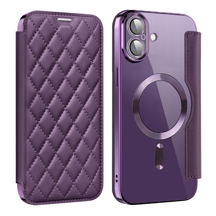 For iPhone 16 Shield Magsafe RFID Anti-theft Rhombus Leather Phone Case(Purple) - iPhone 16 Cases by PMC TechLife | Online Shopping South Africa | PMC TechLife | Buy Now Pay Later Mobicred