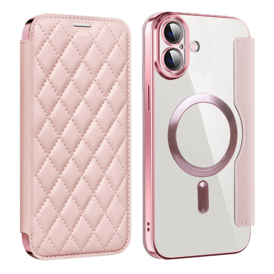 For iPhone 16 Plus Shield Magsafe RFID Anti-theft Rhombus Leather Phone Case(Pink) - iPhone 16 Plus Cases by PMC Jewellery | Online Shopping South Africa | PMC Jewellery | Buy Now Pay Later Mobicred