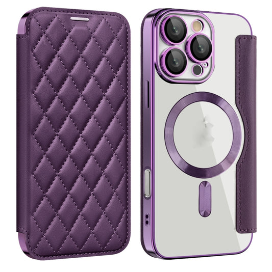 For iPhone 16 Pro Max Shield Magsafe RFID Anti-theft Rhombus Leather Phone Case(Purple) - iPhone 16 Pro Max Cases by PMC Jewellery | Online Shopping South Africa | PMC Jewellery | Buy Now Pay Later Mobicred