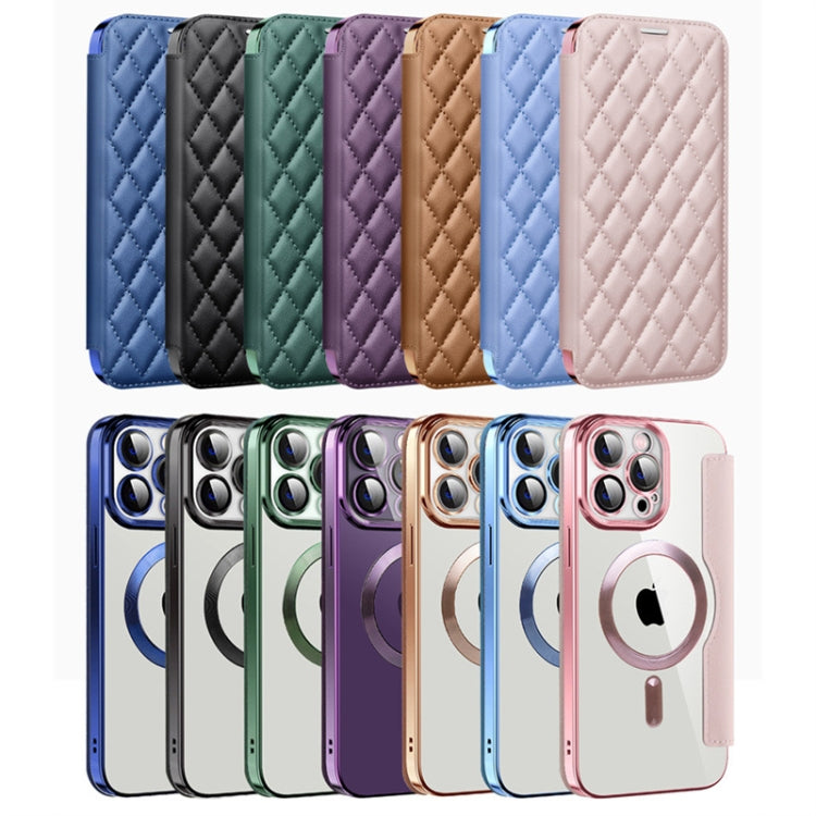 For iPhone 16 Pro Max Shield Magsafe RFID Anti-theft Rhombus Leather Phone Case(Pink) - iPhone 16 Pro Max Cases by PMC TechLife | Online Shopping South Africa | PMC TechLife | Buy Now Pay Later Mobicred