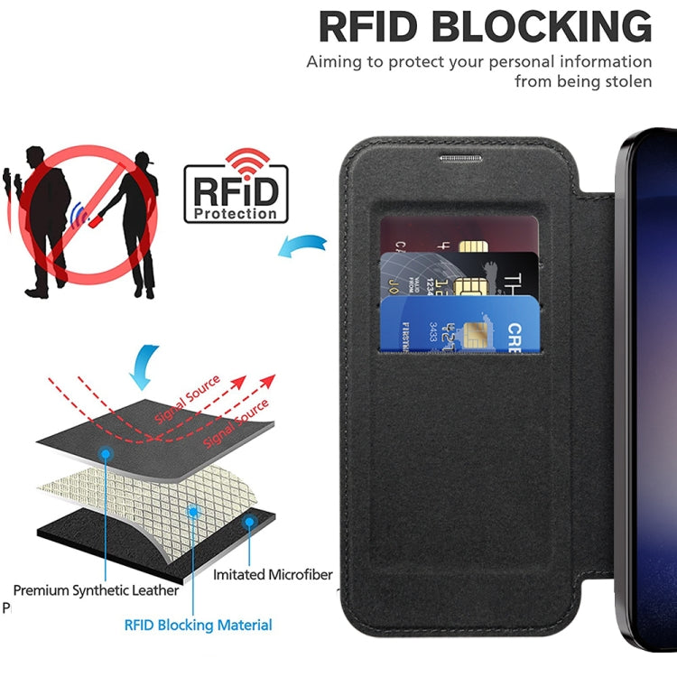 For Samsung Galaxy S25 5G Shield MagSafe RFID Anti-theft Rhombus Leather Phone Case(Black) - Galaxy S25 5G Cases by PMC Jewellery | Online Shopping South Africa | PMC Jewellery | Buy Now Pay Later Mobicred