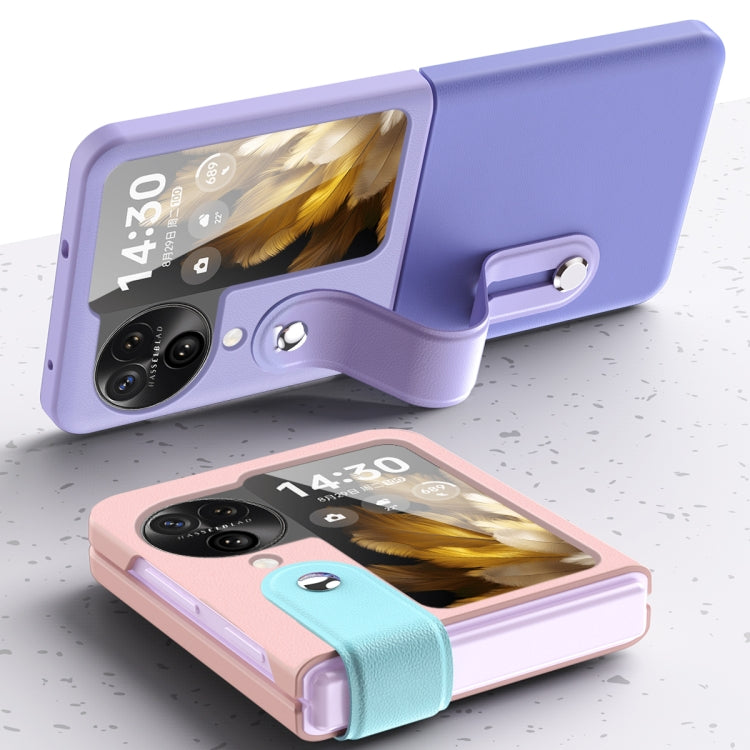 For OPPO Find N3 Flip Wrist-strap Plain Leather Phone Case(Pink) - Find N3 Flip Cases by PMC TechLife | Online Shopping South Africa | PMC TechLife