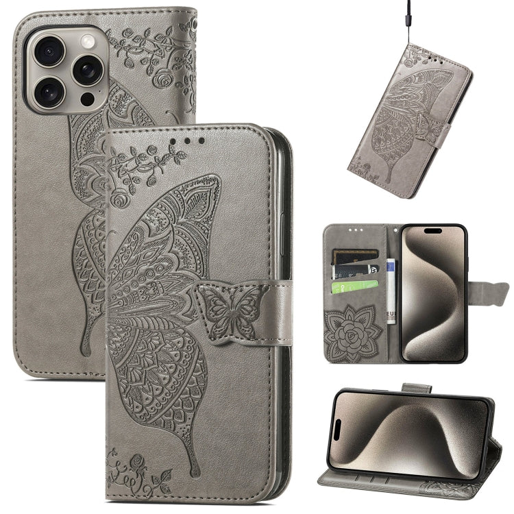 For iPhone 16 Pro Butterfly Love Flower Embossed Leather Phone Case(Gray) - iPhone 16 Pro Cases by PMC Jewellery | Online Shopping South Africa | PMC Jewellery | Buy Now Pay Later Mobicred