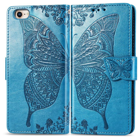 For iPhone 16e Butterfly Love Flower Embossed Leather Phone Case(Blue) - iPhone 16e Cases by PMC Jewellery | Online Shopping South Africa | PMC Jewellery | Buy Now Pay Later Mobicred