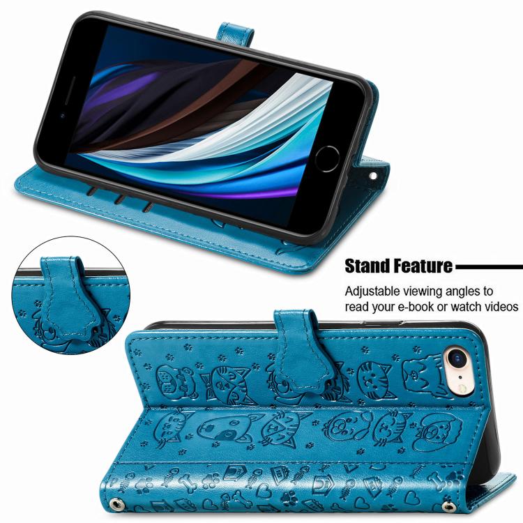 For iPhone 16e Cat and Dog Embossed Leather Phone Case(Blue) - iPhone 16e Cases by PMC TechLife | Online Shopping South Africa | PMC TechLife | Buy Now Pay Later Mobicred