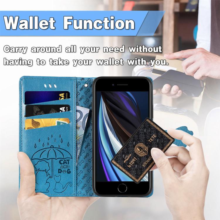 For iPhone 16e Cat and Dog Embossed Leather Phone Case(Blue) - iPhone 16e Cases by PMC TechLife | Online Shopping South Africa | PMC TechLife | Buy Now Pay Later Mobicred