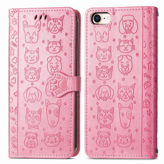 For iPhone 16e Cat and Dog Embossed Leather Phone Case(Pink) - iPhone 16e Cases by PMC Jewellery | Online Shopping South Africa | PMC Jewellery | Buy Now Pay Later Mobicred