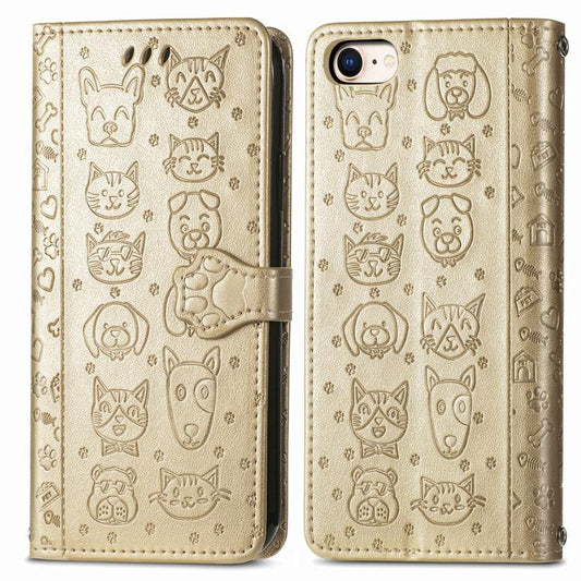 For iPhone 16e Cat and Dog Embossed Leather Phone Case(Gold) - iPhone 16e Cases by PMC Jewellery | Online Shopping South Africa | PMC Jewellery | Buy Now Pay Later Mobicred