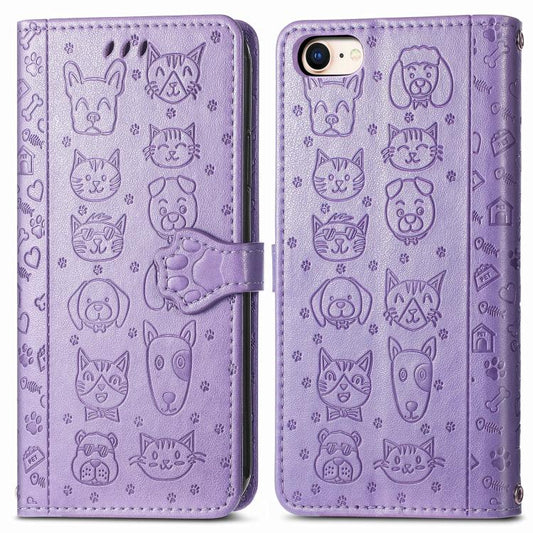 For iPhone 16e Cat and Dog Embossed Leather Phone Case(Purple) - iPhone 16e Cases by PMC Jewellery | Online Shopping South Africa | PMC Jewellery | Buy Now Pay Later Mobicred