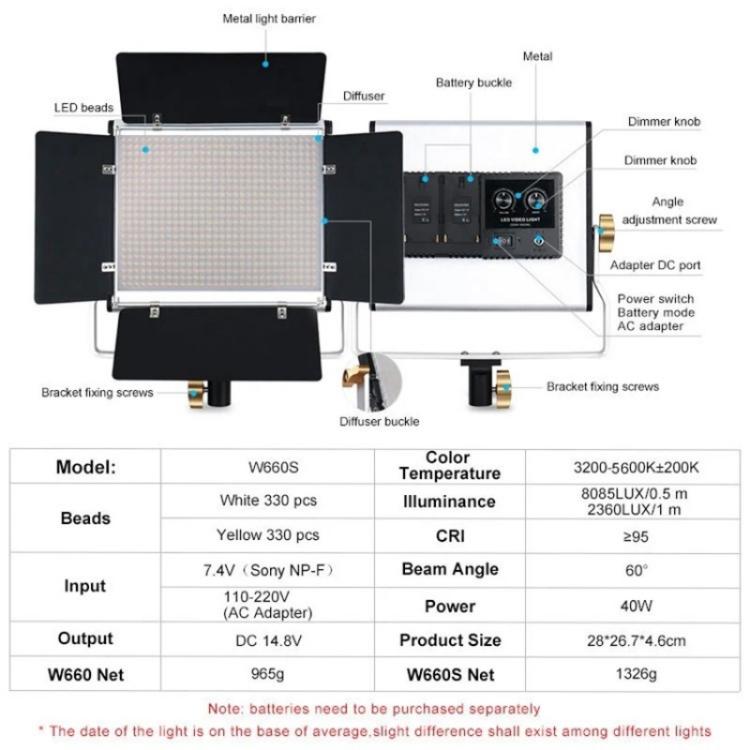 VLOGLITE W660S For Video Film Recording 3200-5600K Lighting LED Video Light with Tripod, Plug:EU Plug - free shipping - PMC TechLife - Order now!
