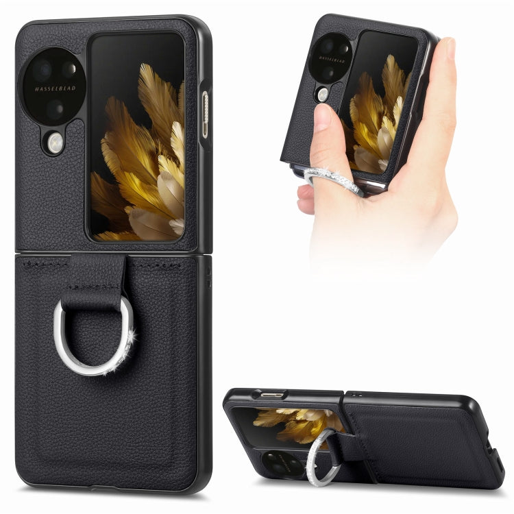 For OPPO Find N3 Flip Litchi PU Diamond-encrusted Ring Phone Case(Black) - Find N3 Flip Cases by PMC TechLife | Online Shopping South Africa | PMC TechLife