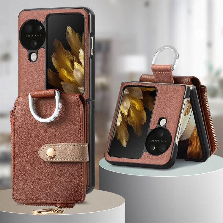 For OPPO Find N3 Flip Vertical Flip Zipper Wallet Ring Leather Phone Case(Brown) - Find N3 Flip Cases by PMC TechLife | Online Shopping South Africa | PMC TechLife