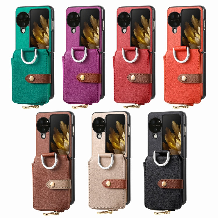 For OPPO Find N3 Flip Vertical Flip Zipper Wallet Ring Leather Phone Case(Brown) - Find N3 Flip Cases by PMC TechLife | Online Shopping South Africa | PMC TechLife