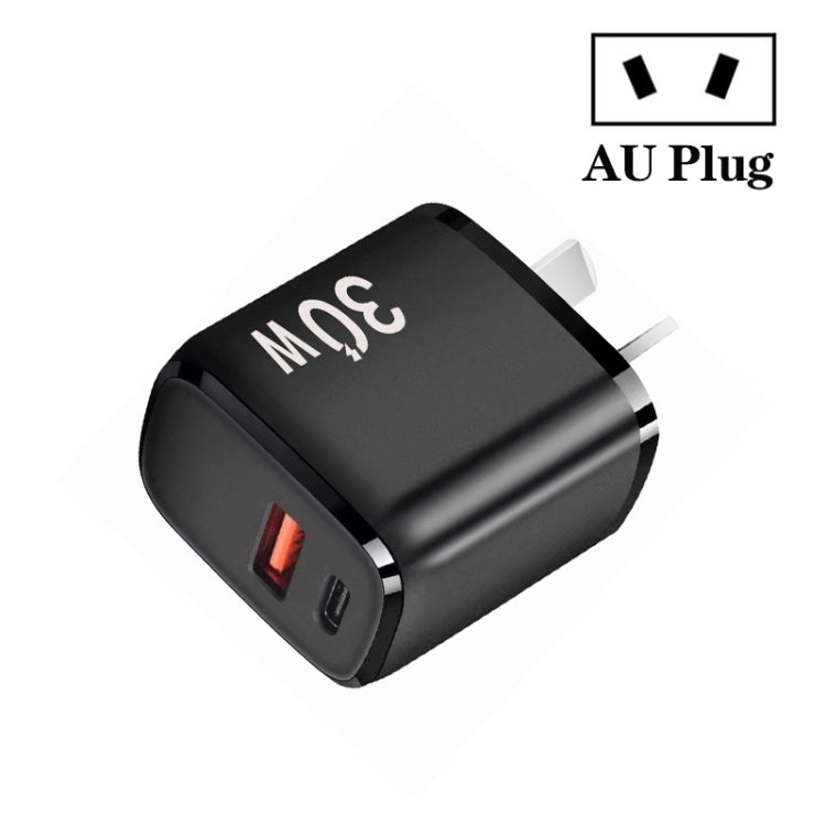 PD30W USB-C / Type-C + QC3.0 USB Dual Port Charger for iPhone 15 / iPad Series, AU Plug(Black) - USB Charger by PMC Jewellery | Online Shopping South Africa | PMC Jewellery | Buy Now Pay Later Mobicred