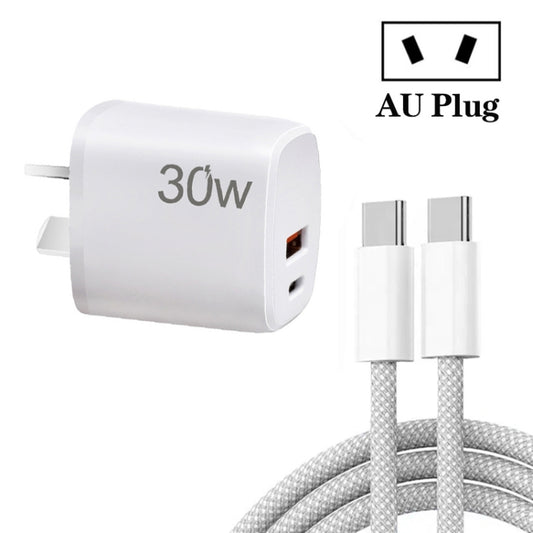 PD30W USB-C / Type-C + QC3.0 USB Charger with 1m Type-C to Type-C Data Cable, AU Plug(White) - USB Charger by PMC Jewellery | Online Shopping South Africa | PMC Jewellery | Buy Now Pay Later Mobicred