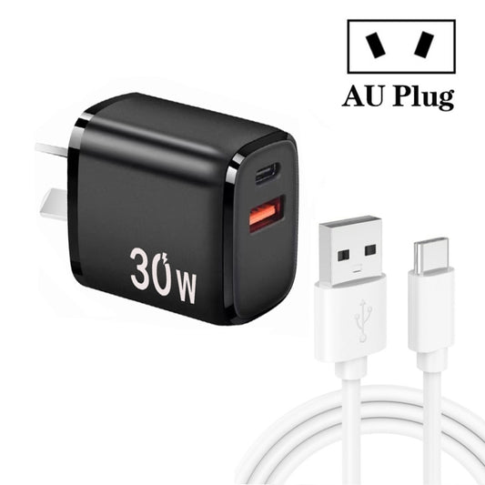 PD30W USB-C / Type-C + QC3.0 USB Charger with 1m USB to Type-C Data Cable, AU Plug(Black) - USB Charger by PMC Jewellery | Online Shopping South Africa | PMC Jewellery | Buy Now Pay Later Mobicred