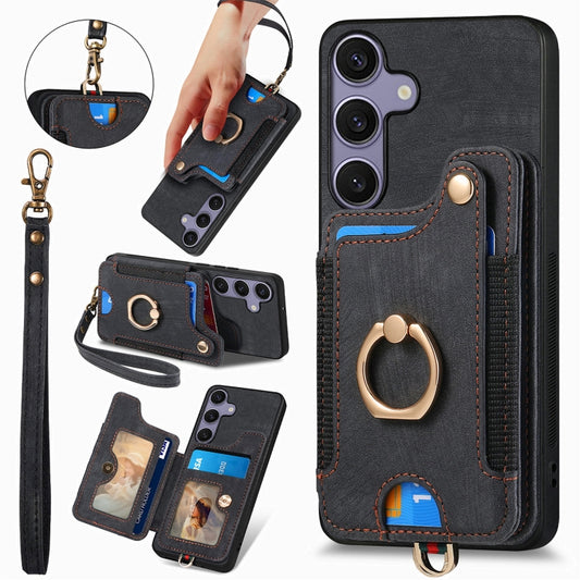 For Samsung Galaxy S25 5G Retro Skin-feel Ring Multi-card Wallet Phone Case(Black) - Galaxy S25 5G Cases by PMC Jewellery | Online Shopping South Africa | PMC Jewellery | Buy Now Pay Later Mobicred