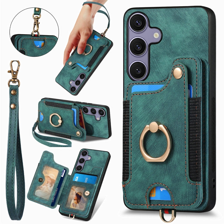 For Samsung Galaxy S25 5G Retro Skin-feel Ring Multi-card Wallet Phone Case(Green) - Galaxy S25 5G Cases by PMC Jewellery | Online Shopping South Africa | PMC Jewellery | Buy Now Pay Later Mobicred