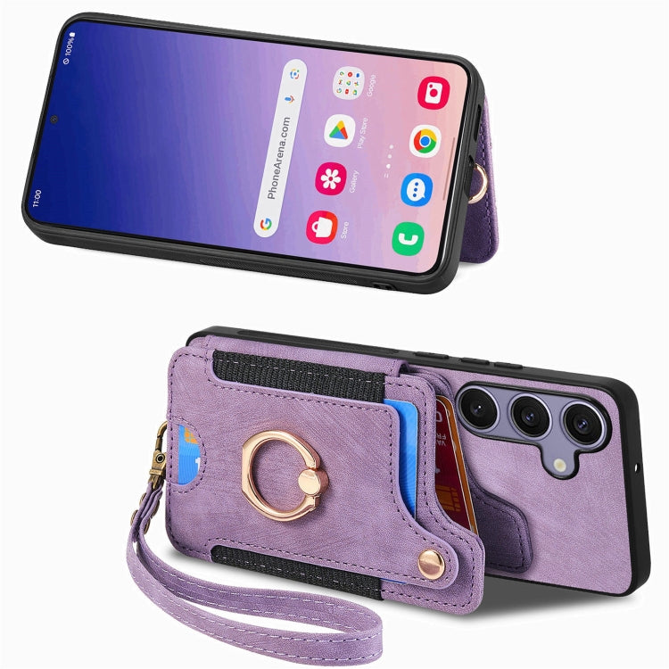 For Samsung Galaxy S25 5G Retro Skin-feel Ring Multi-card Wallet Phone Case(Purple) - Galaxy S25 5G Cases by PMC Jewellery | Online Shopping South Africa | PMC Jewellery | Buy Now Pay Later Mobicred