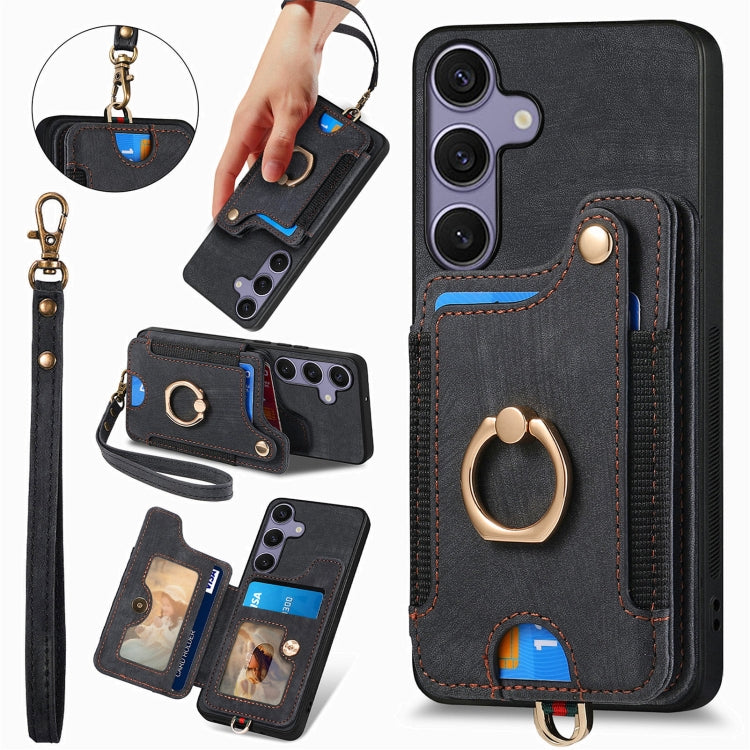 For Samsung Galaxy S25+ 5G Retro Skin-feel Ring Multi-card Wallet Phone Case(Black) - Galaxy S25+ 5G Cases by PMC TechLife | Online Shopping South Africa | PMC TechLife | Buy Now Pay Later Mobicred
