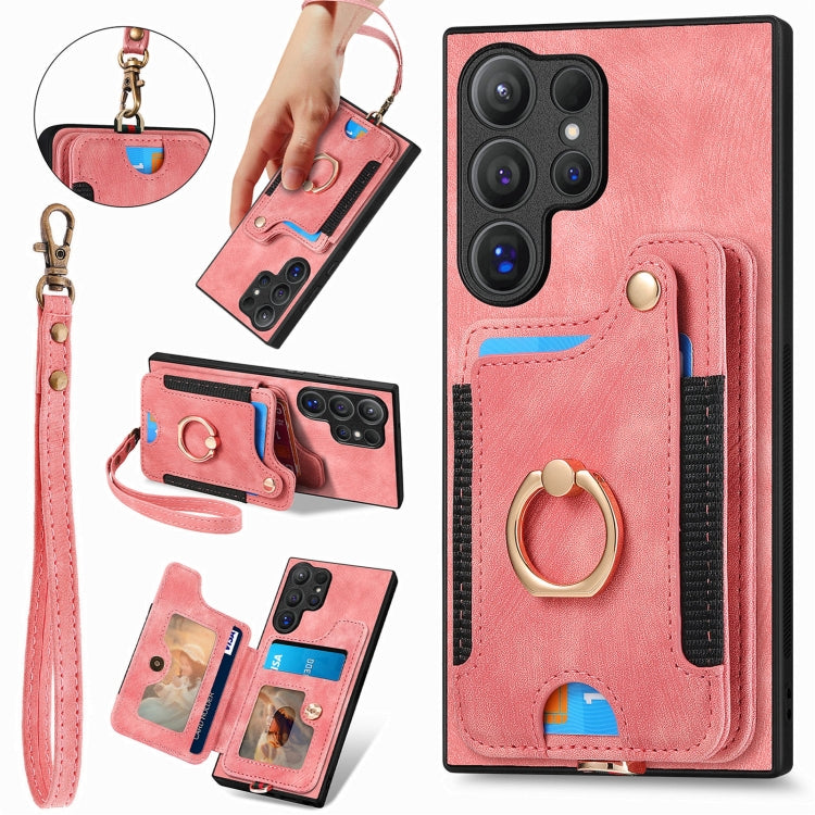 For Samsung Galaxy S25 Ultra 5G Retro Skin-feel Ring Multi-card Wallet Phone Case(Pink) - Galaxy S25 Ultra 5G Cases by PMC Jewellery | Online Shopping South Africa | PMC Jewellery | Buy Now Pay Later Mobicred