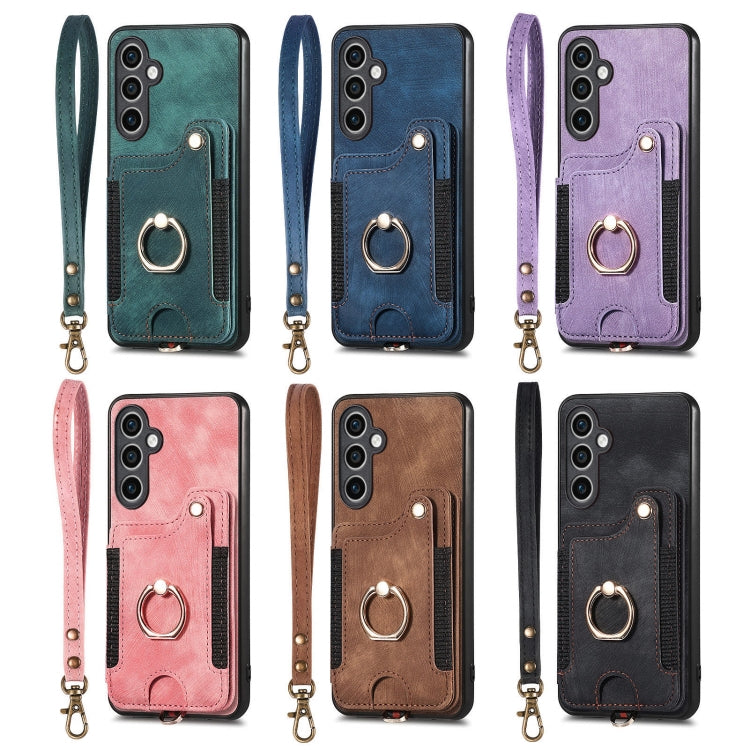 For Samsung Galaxy S25+ 5G Retro Skin-feel Ring Multi-card Wallet Phone Case(Blue) - Galaxy S25+ 5G Cases by PMC TechLife | Online Shopping South Africa | PMC TechLife | Buy Now Pay Later Mobicred