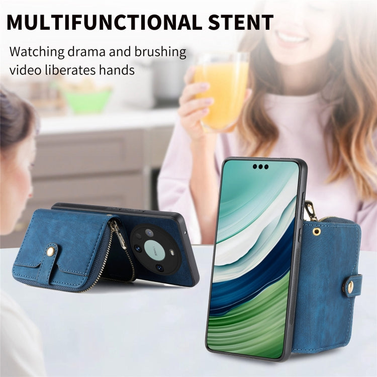 For Huawei Mate 60 Pro Crossbody Multi-function Zipper Wallet Phone Case(Blue) - Huawei Cases by PMC TechLife | Online Shopping South Africa | PMC TechLife | Buy Now Pay Later Mobicred