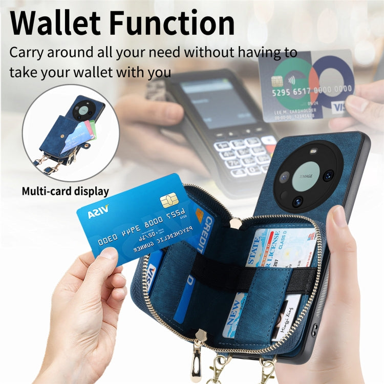 For Huawei Mate 60 Pro Crossbody Multi-function Zipper Wallet Phone Case(Blue) - Huawei Cases by PMC TechLife | Online Shopping South Africa | PMC TechLife | Buy Now Pay Later Mobicred
