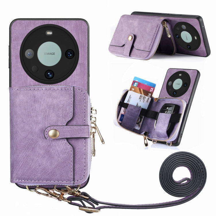 For Huawei Mate 60 Pro Crossbody Multi-function Zipper Wallet Phone Case(Purple) - Huawei Cases by PMC TechLife | Online Shopping South Africa | PMC TechLife | Buy Now Pay Later Mobicred