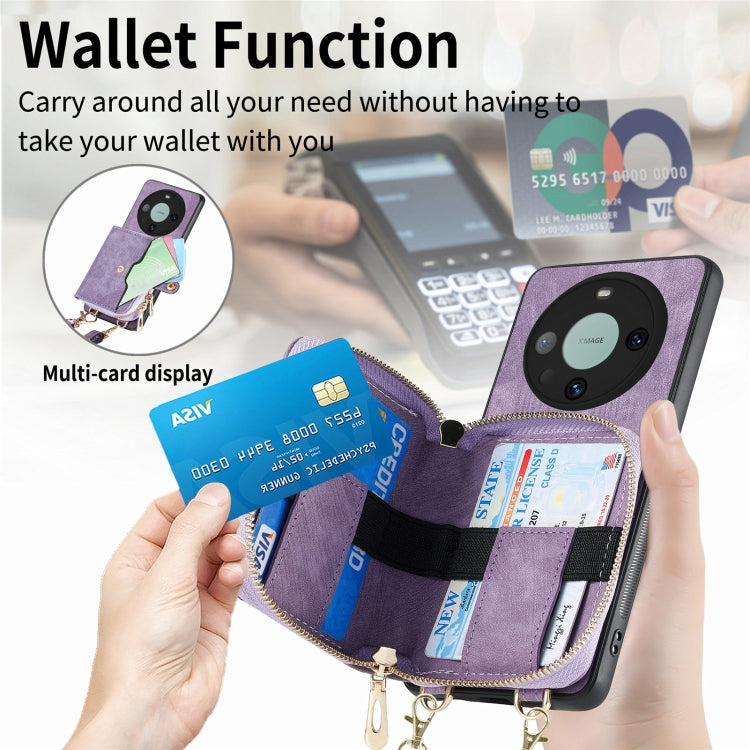 For Huawei Mate 60 Pro Crossbody Multi-function Zipper Wallet Phone Case(Purple) - Huawei Cases by PMC TechLife | Online Shopping South Africa | PMC TechLife | Buy Now Pay Later Mobicred