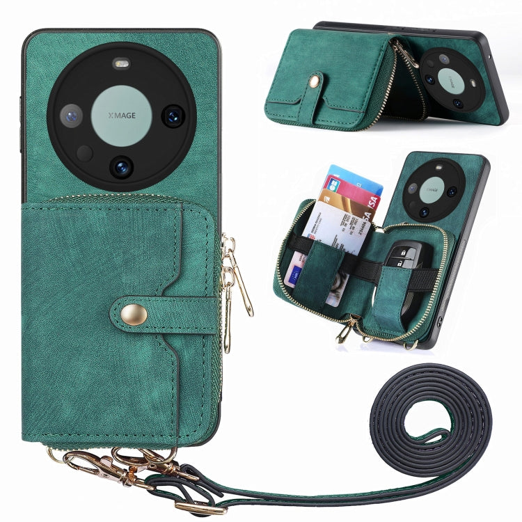 For Huawei Mate 60 Pro Crossbody Multi-function Zipper Wallet Phone Case(Green) - Huawei Cases by PMC TechLife | Online Shopping South Africa | PMC TechLife | Buy Now Pay Later Mobicred