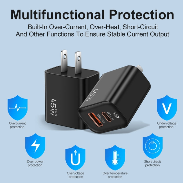 45PQ 45W PD25W + QC3.0 20W USB Super Fast Charger with Type-C to 8 Pin Cable, US Plug(Black) - USB Charger by PMC Jewellery | Online Shopping South Africa | PMC Jewellery | Buy Now Pay Later Mobicred