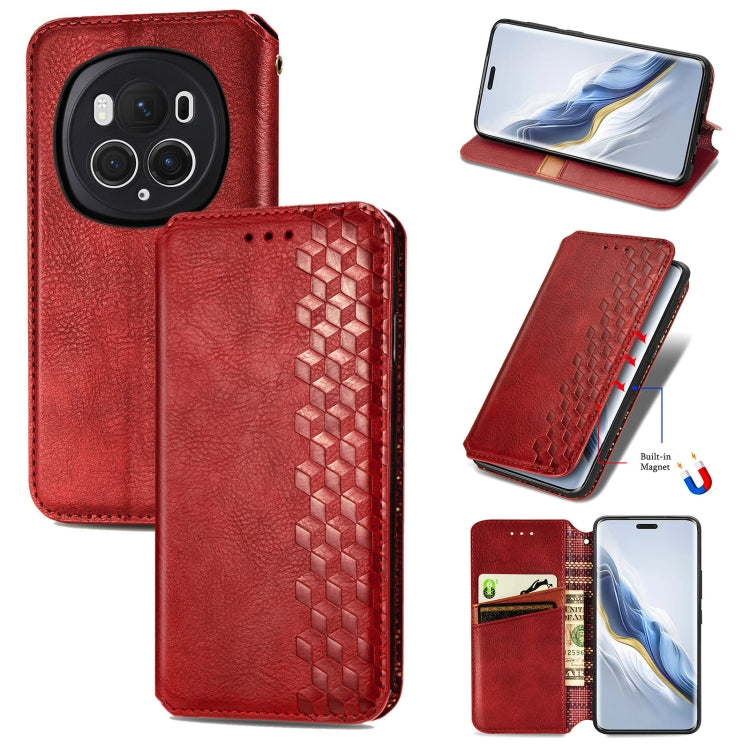 For Honor Magic6 Pro Cubic Grid Pressed Magnetic Leather Phone Case(Red) - free shipping - PMC Jewellery - Order now!