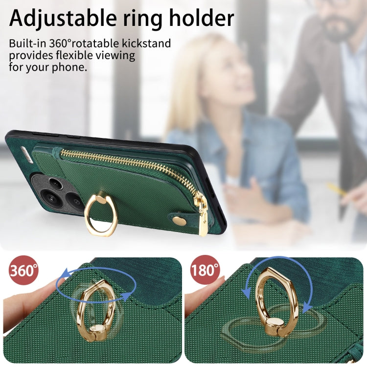 Xiaomi Redmi Note 13 Pro+ Cross Leather Ring Vertical Zipper Wallet Back Phone Case(Green) - Note 13 Pro+ Cases by PMC Jewellery | Online Shopping South Africa | PMC Jewellery