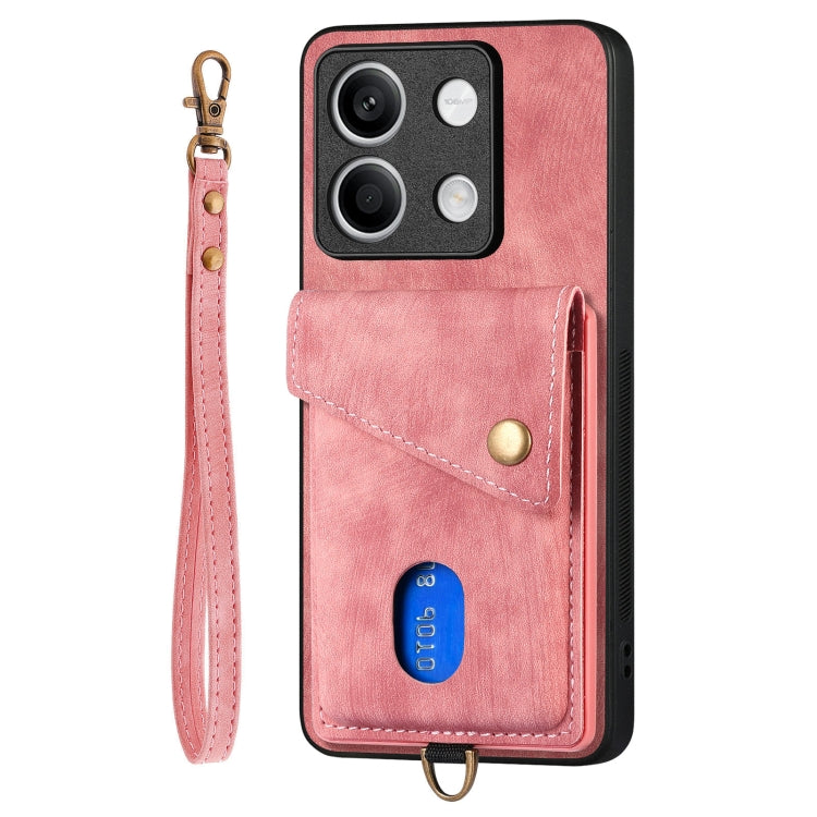 For Xiaomi Redmi Note 13 5G Retro Card Wallet Fold Leather Phone Case with Strap(Pink) - Note 13 Cases by PMC TechLife | Online Shopping South Africa | PMC TechLife | Buy Now Pay Later Mobicred