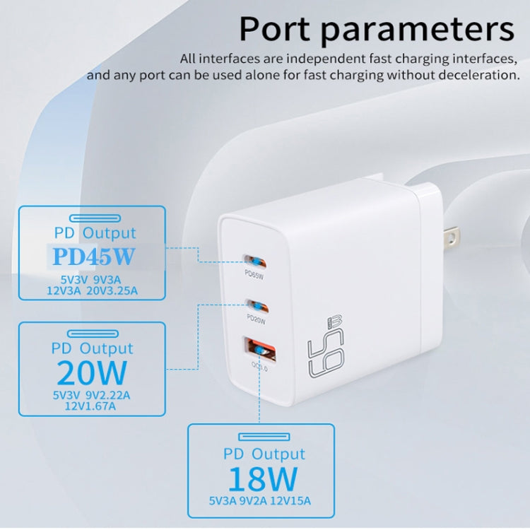 GAN 65W PD45W Dual Type-C+QC3.0 USB Multi Compatible Laptop Adapter EU + US Plug White - Power Supply by PMC Jewellery | Online Shopping South Africa | PMC Jewellery | Buy Now Pay Later Mobicred