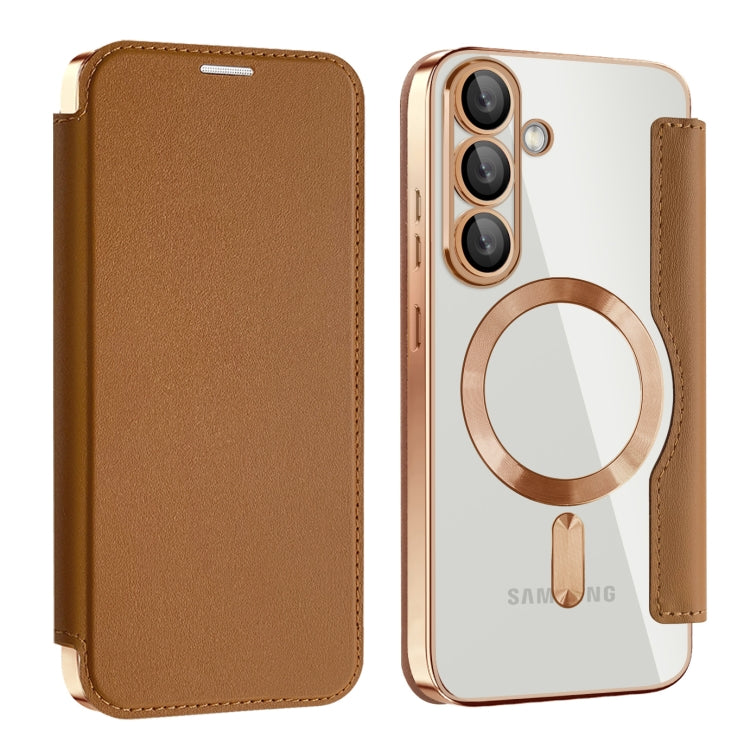 For Samsung Galaxy S25 5G Shield MagSafe RFID Anti-theft Leather Phone Case(Brown) - Galaxy S25 5G Cases by PMC Jewellery | Online Shopping South Africa | PMC Jewellery | Buy Now Pay Later Mobicred